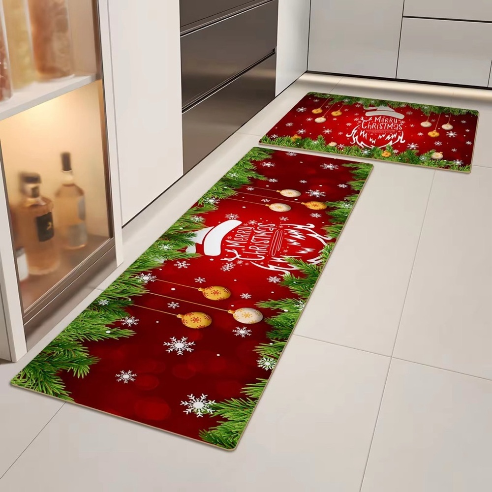 2Pcs Merry Christmas Kitchen Mat Set Non Slip Red Green Holiday Floor Decor